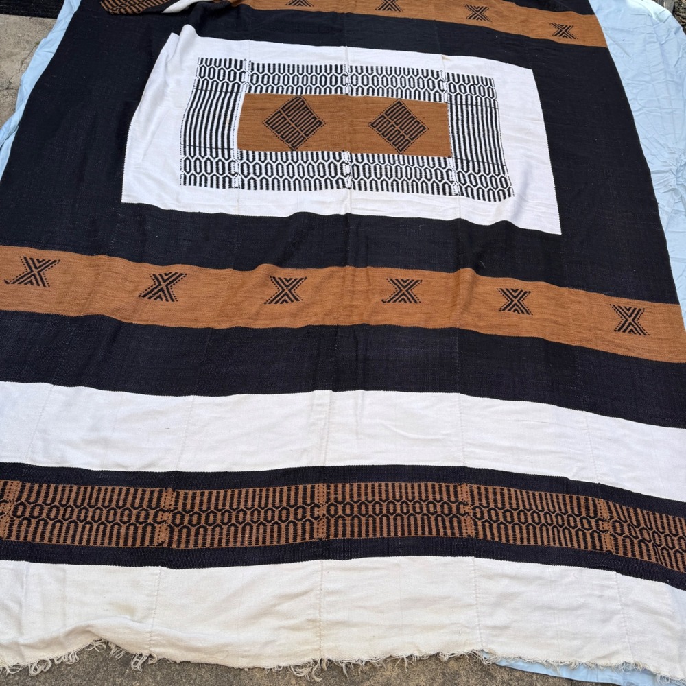 Vintage Handwoven West African Tribal Rug Tapestry Black Brown White Geometric